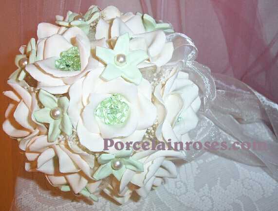 White Rose BOuquet with light green crystals Porcelain White Light Green