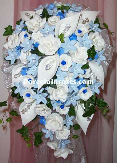 wedding bouquet 477 Porcelain Natural White Lt Blue Blue