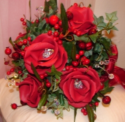 Apple Red Wedding Bouquet #502 - with Red Roses, berries and crystal stems