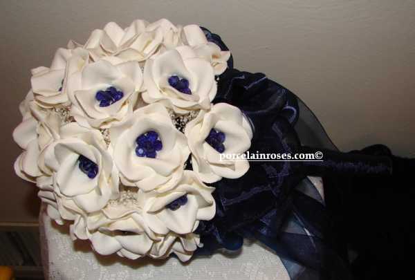 Natural White Roses with Dark Sapphire Crystals Wedding Bouquet