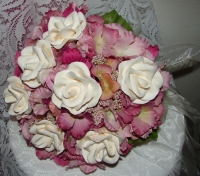 Ivory Reality Roses with Cranberry Hydangeas Wedding Bouquet #587
