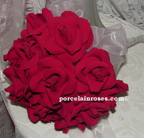Assorted Reality Rose Wedding Bouquet Shown in Deep Red 